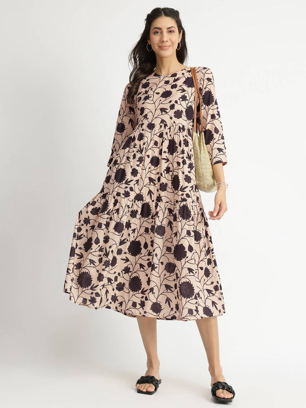 Cotton Floral Tiered Dress - White & Black