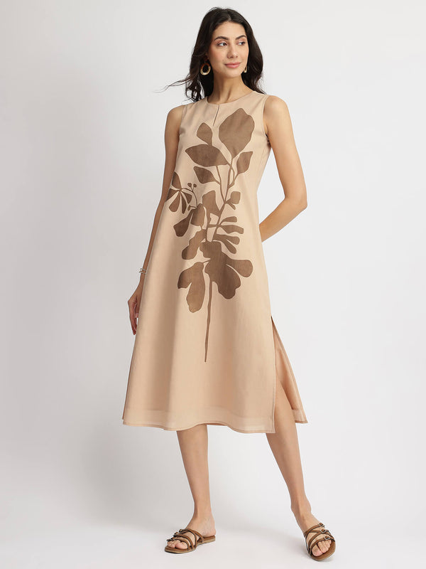 Cotton Placement Print A-Line Dress - Beige & Brown