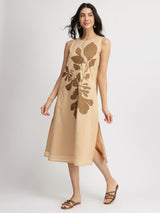 Cotton Placement Print A-Line Dress - Beige & Brown