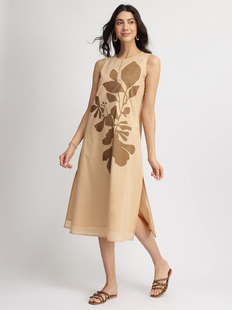 Cotton Placement Print A-Line Dress - Beige & Brown