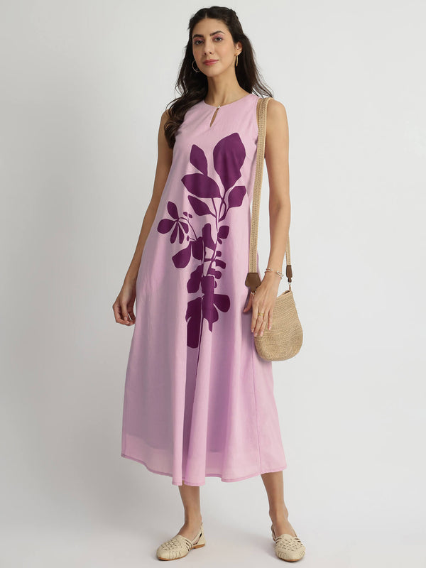 Cotton Floral Placement Print Dress - Purple