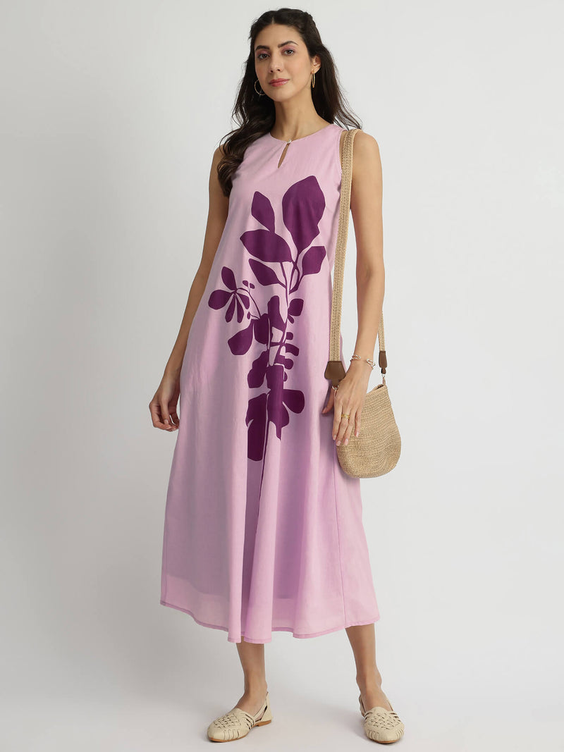 Cotton Floral Placement Print Dress - Purple