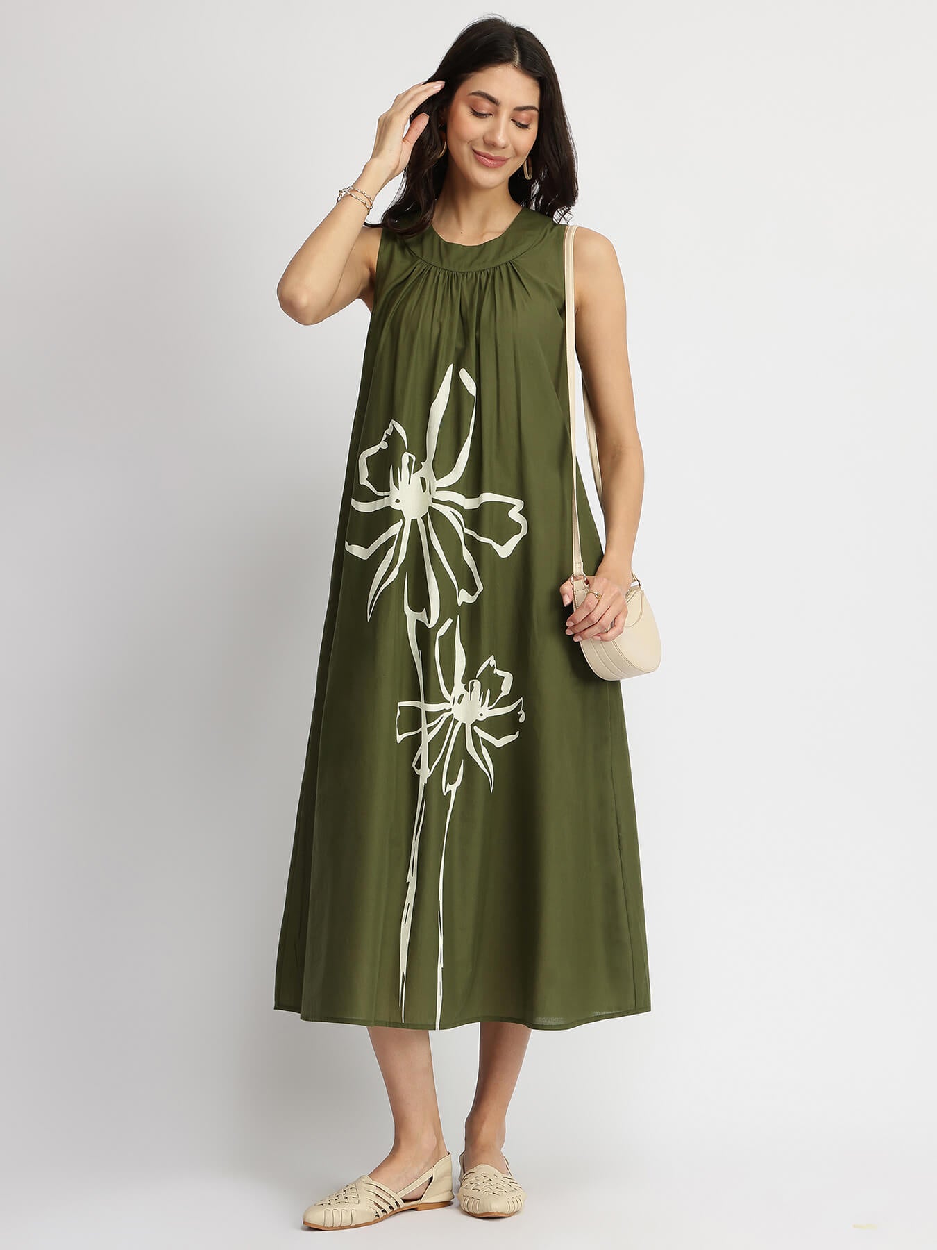 Cotton Floral Placement Print Dress - Olive