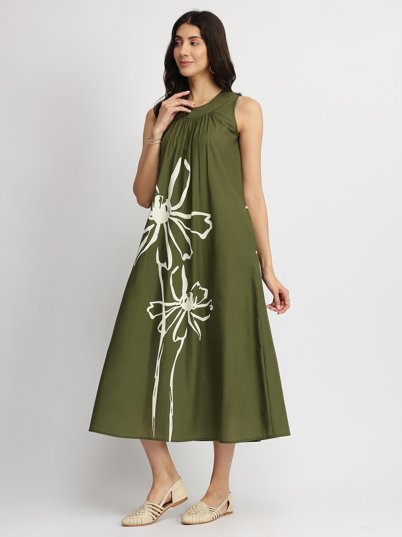 Cotton Floral Placement Print Dress - Olive