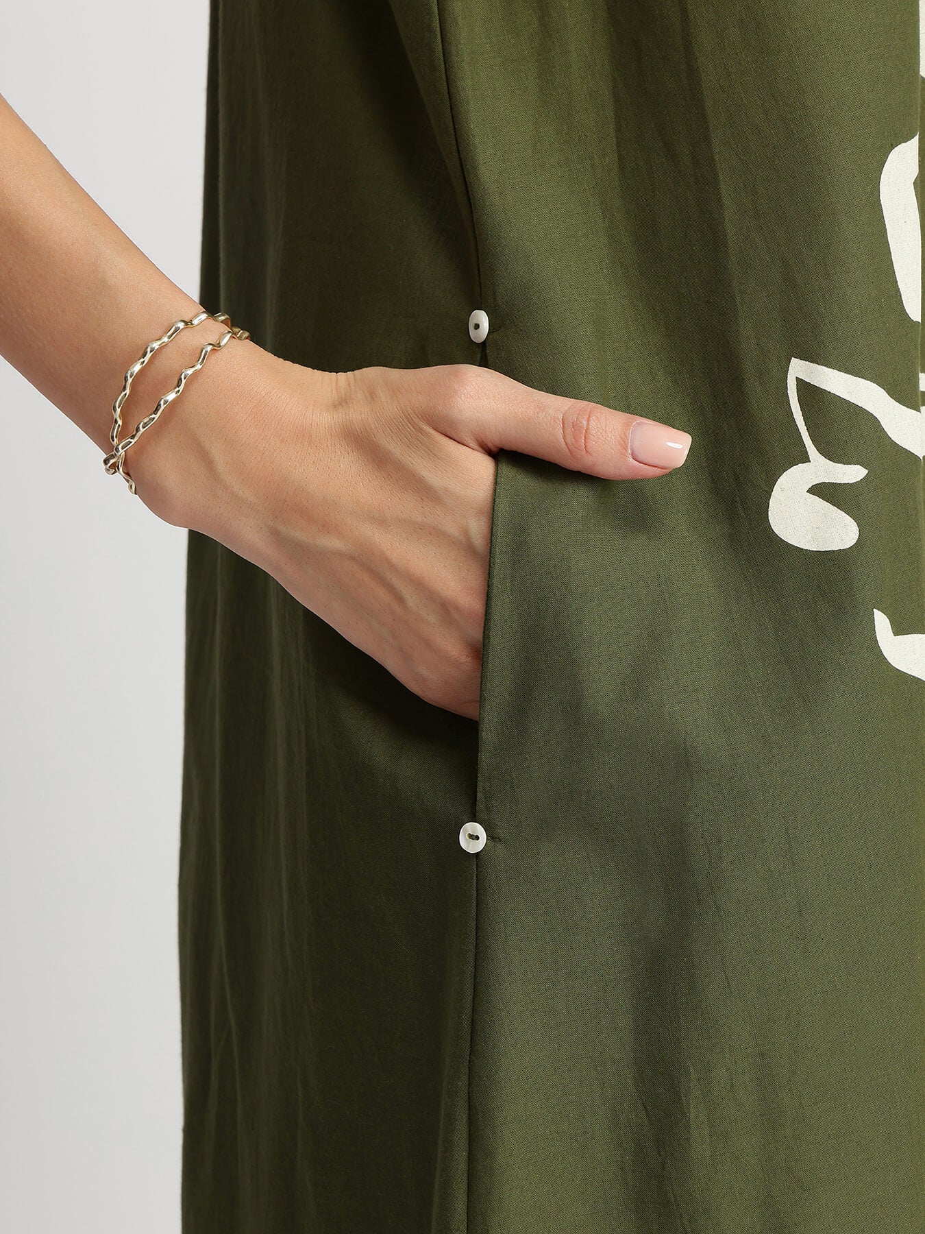 Cotton Floral Placement Print Dress - Olive