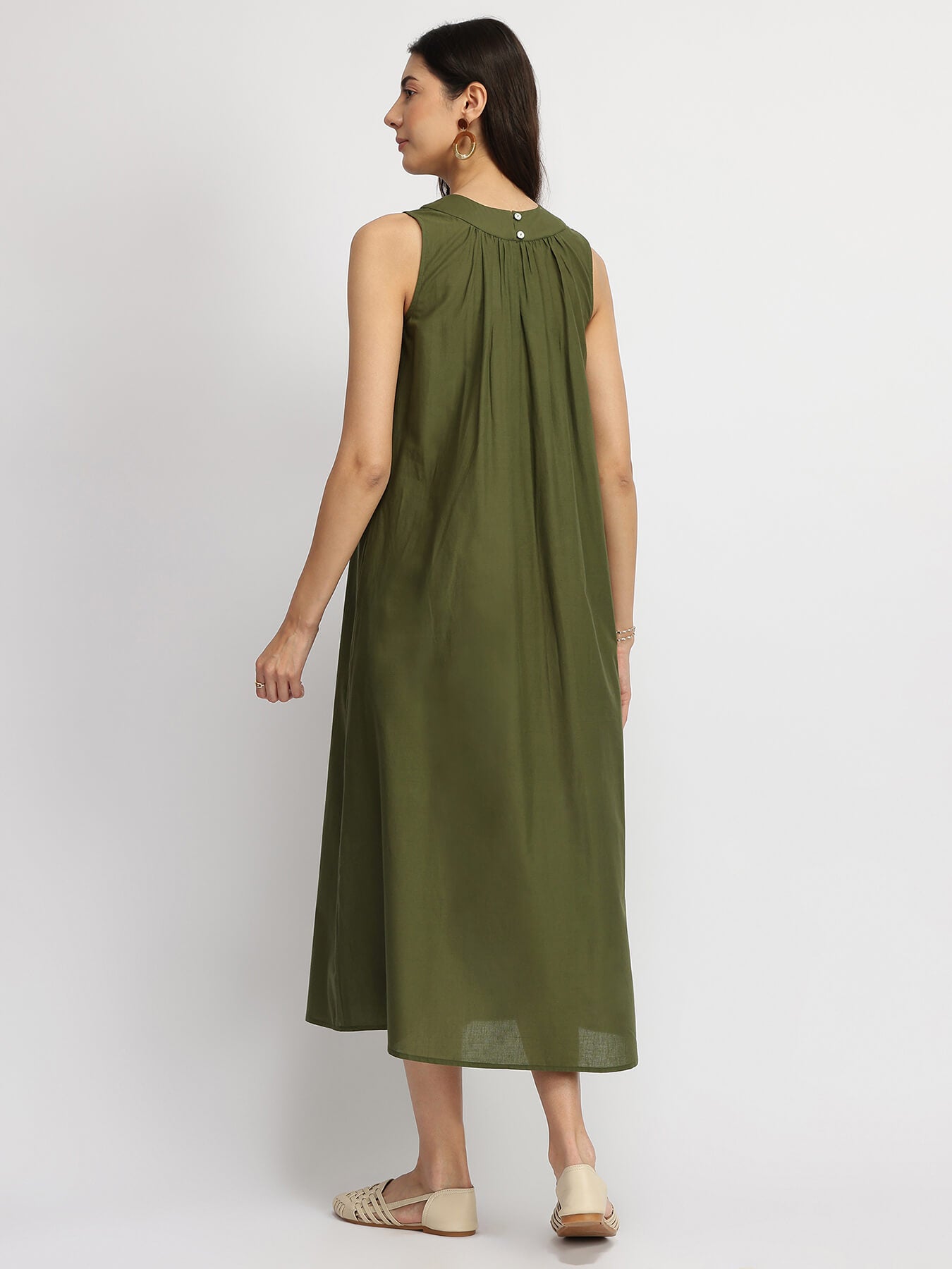 Cotton Floral Placement Print Dress - Olive