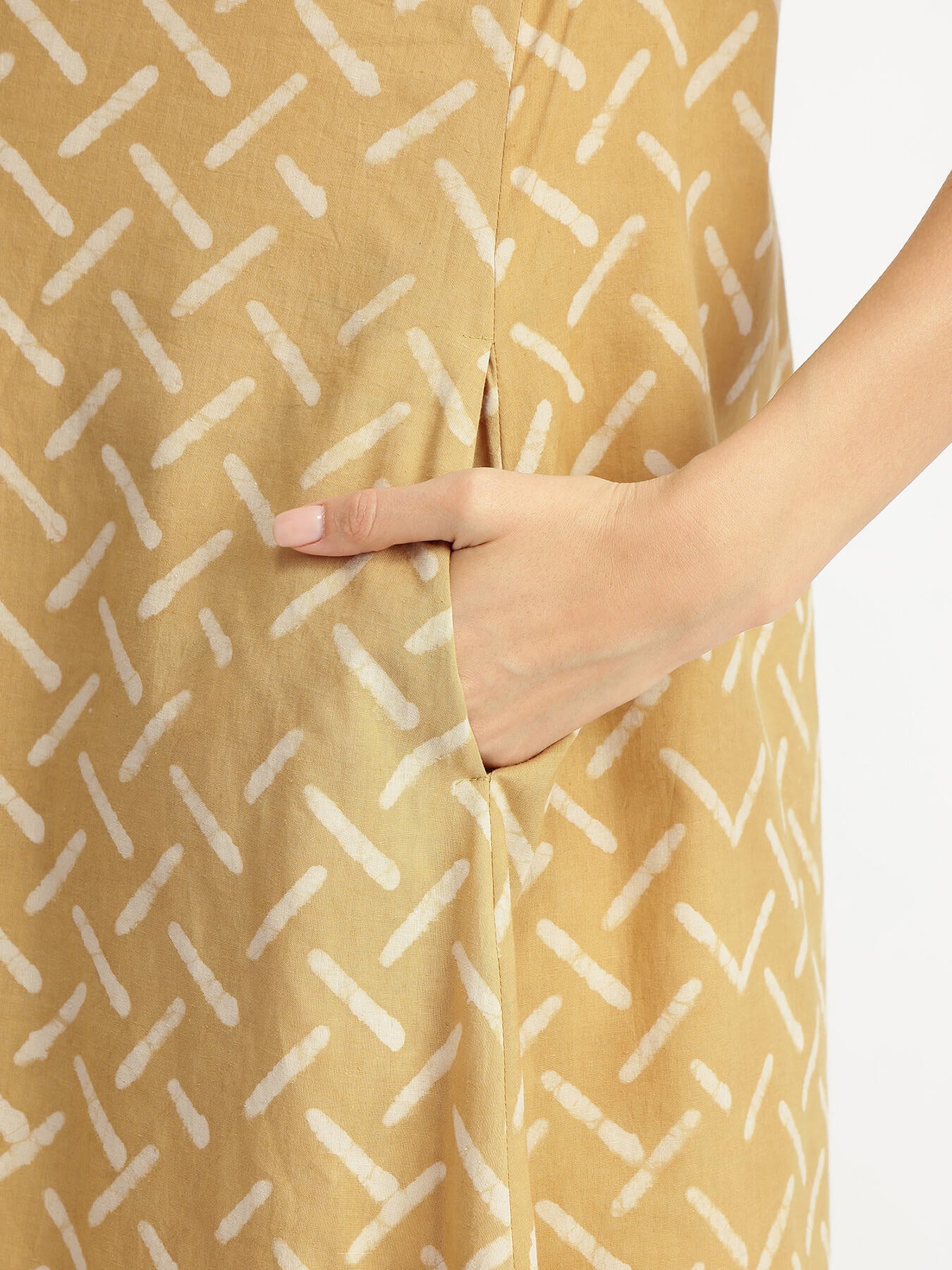 Cotton Dabu Geometric Shirt Collar Dress - Yellow