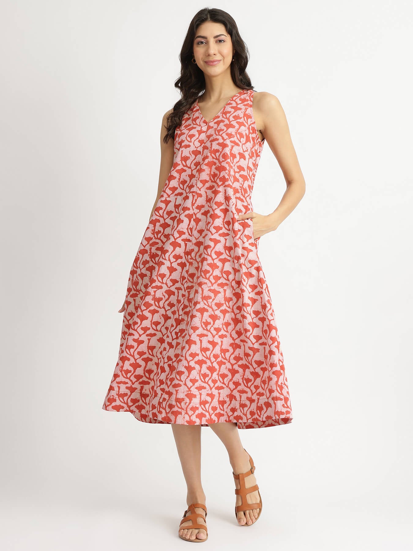 Cotton Dabu Floral A-Line Dress - Orange & White