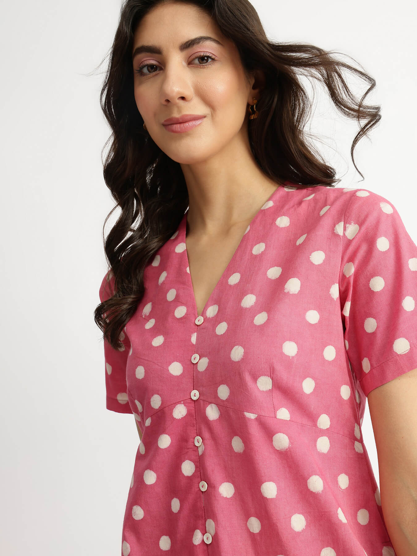 Cotton Dabu Polka Fit & Flare Dress - Pink