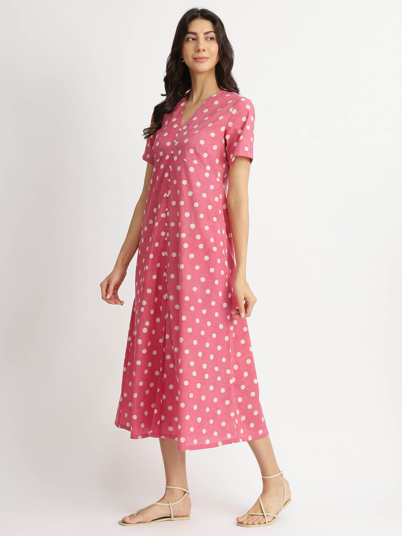 Cotton Dabu Polka Fit & Flare Dress - Pink
