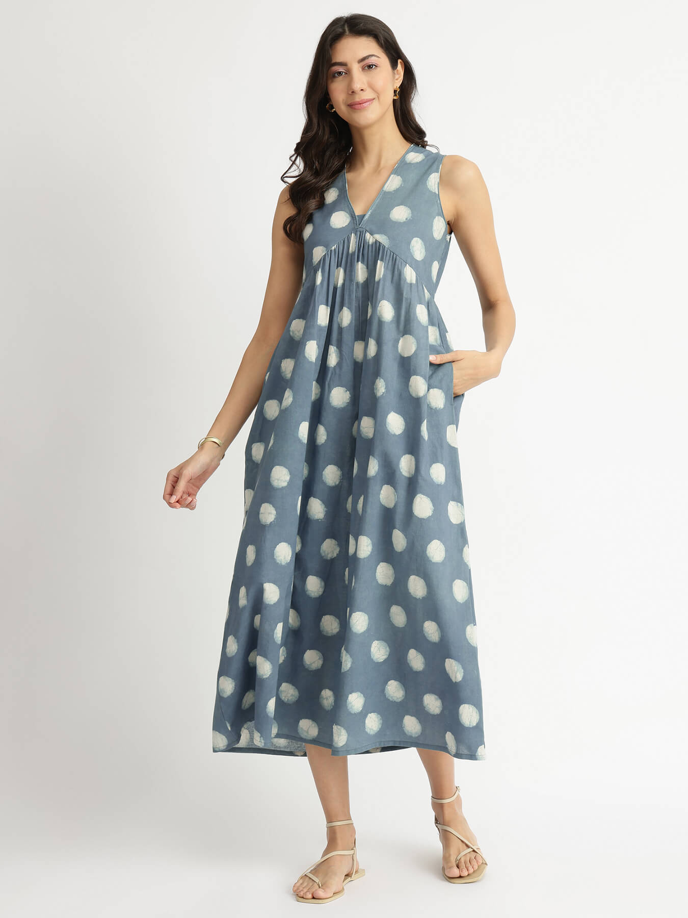 Cotton Dabu Polka Fit & Flare Dress - Grey