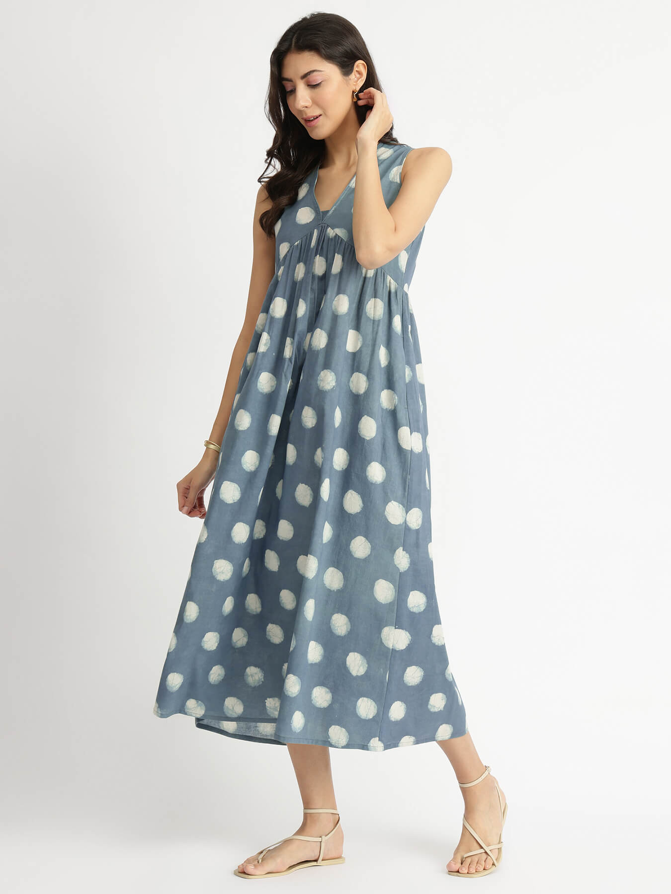 Cotton Dabu Polka Fit & Flare Dress - Grey
