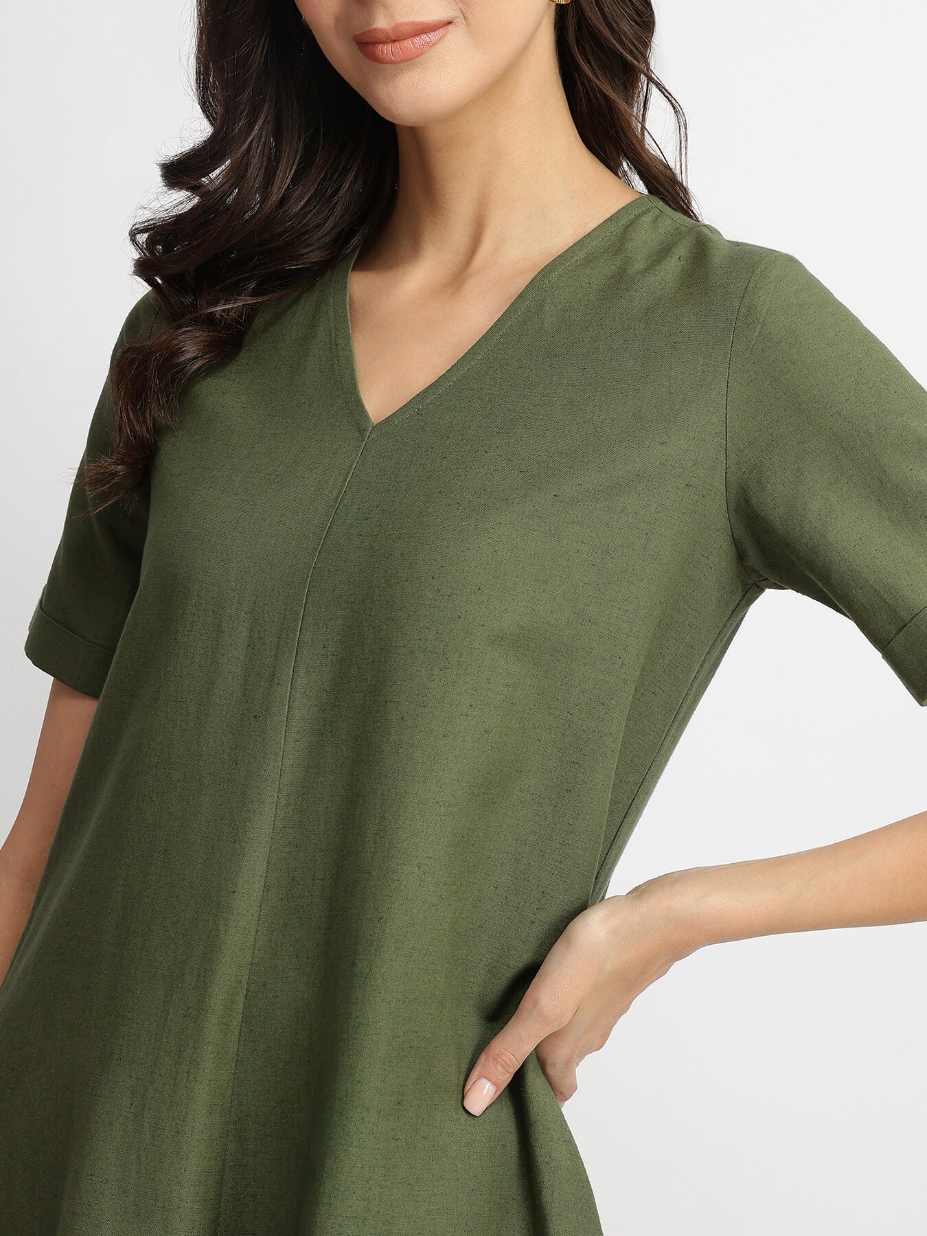 Linen Blend Solid A-Line Dress - Olive