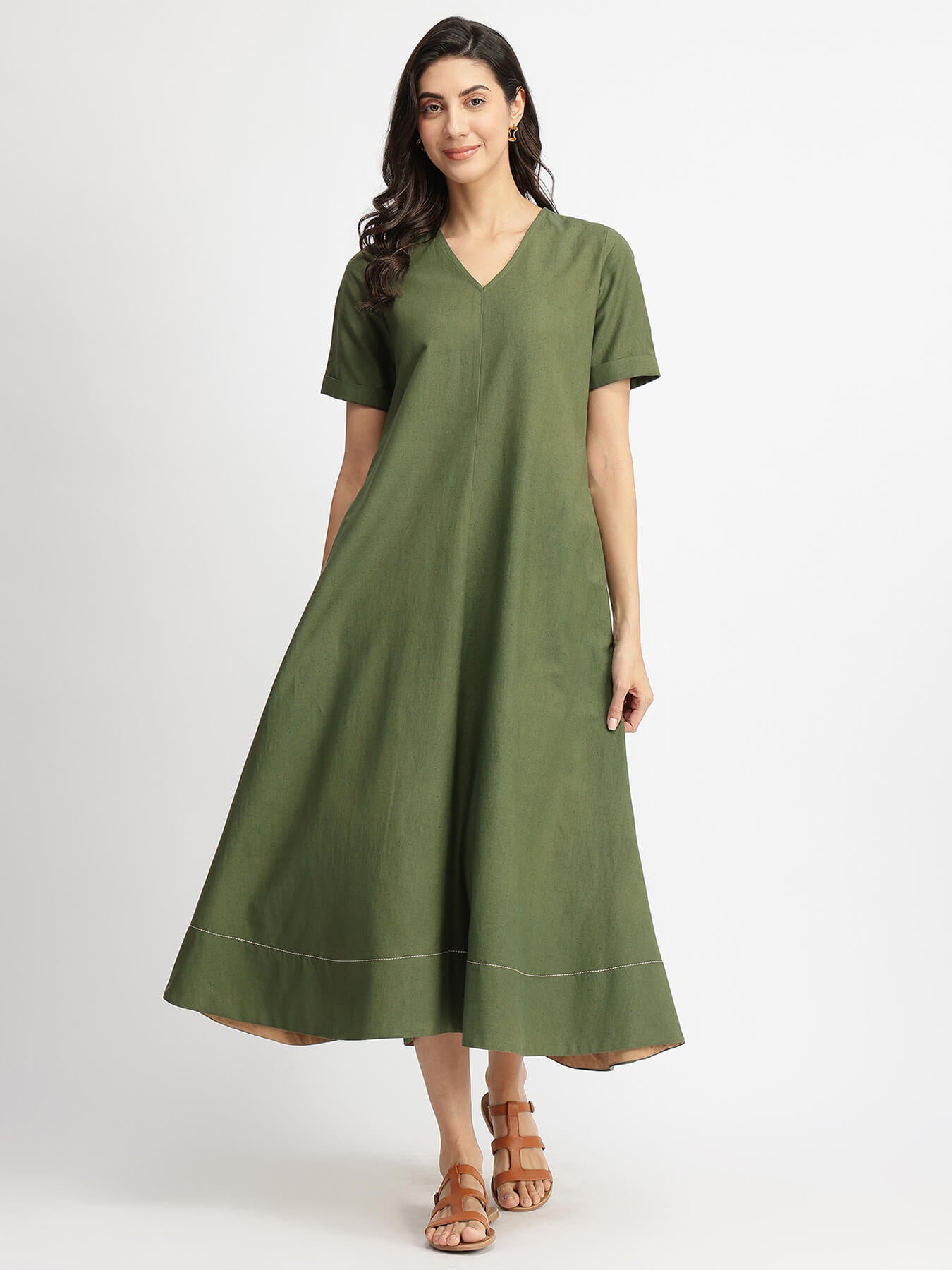 Linen Blend Solid A-Line Dress - Olive