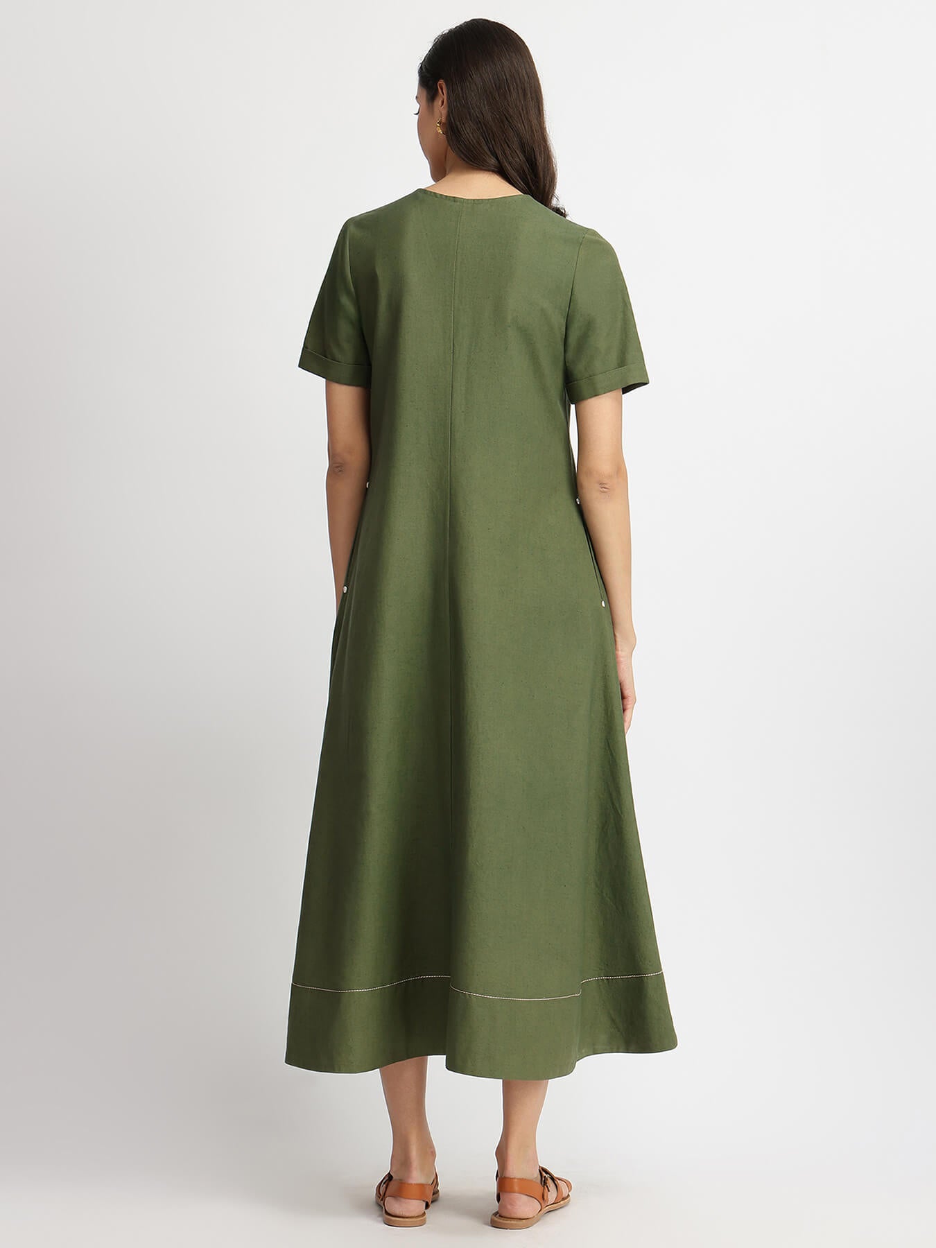 Linen Blend Solid A-Line Dress - Olive