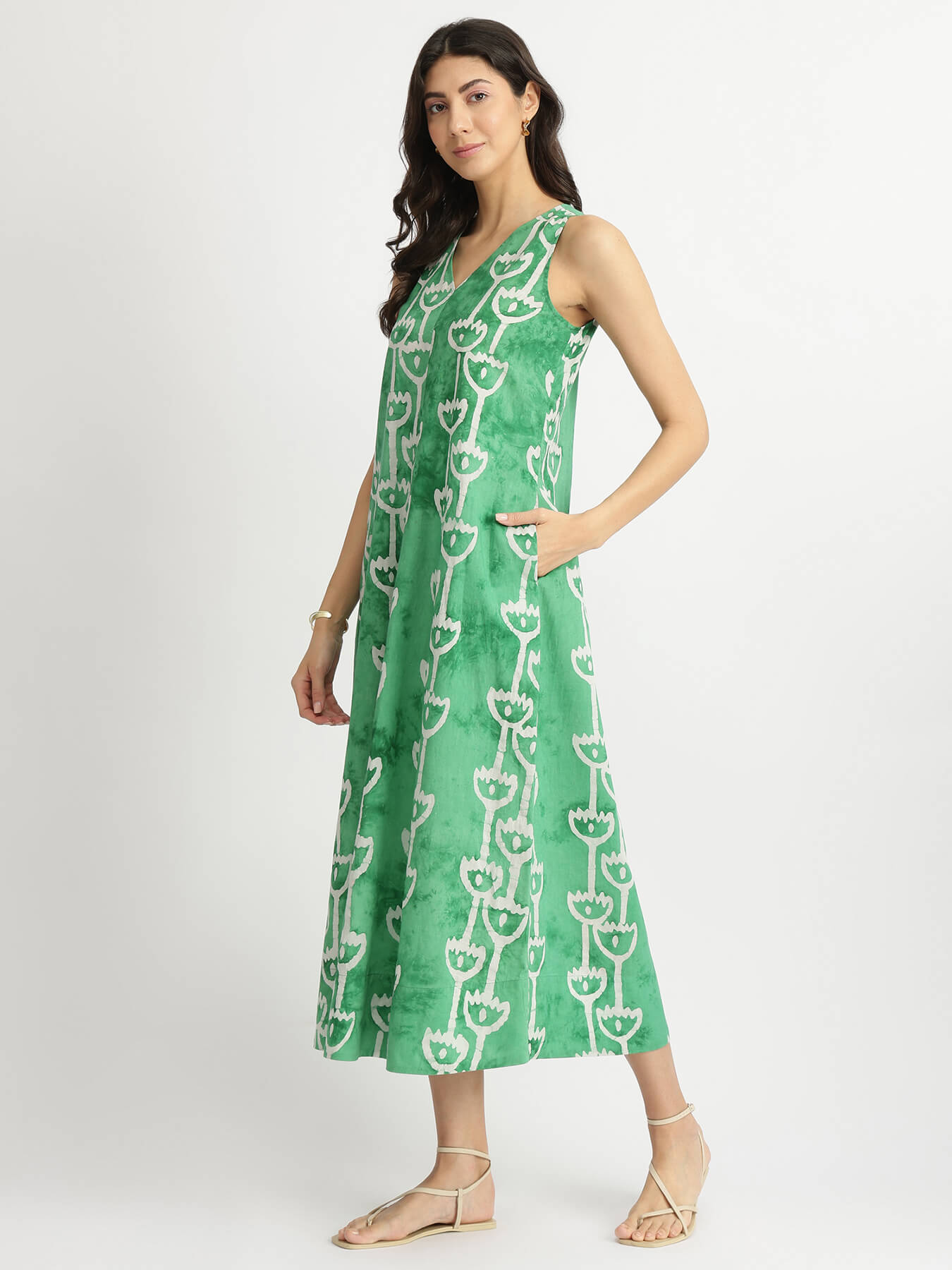Cotton Handblock Abstract Print Dress - Green