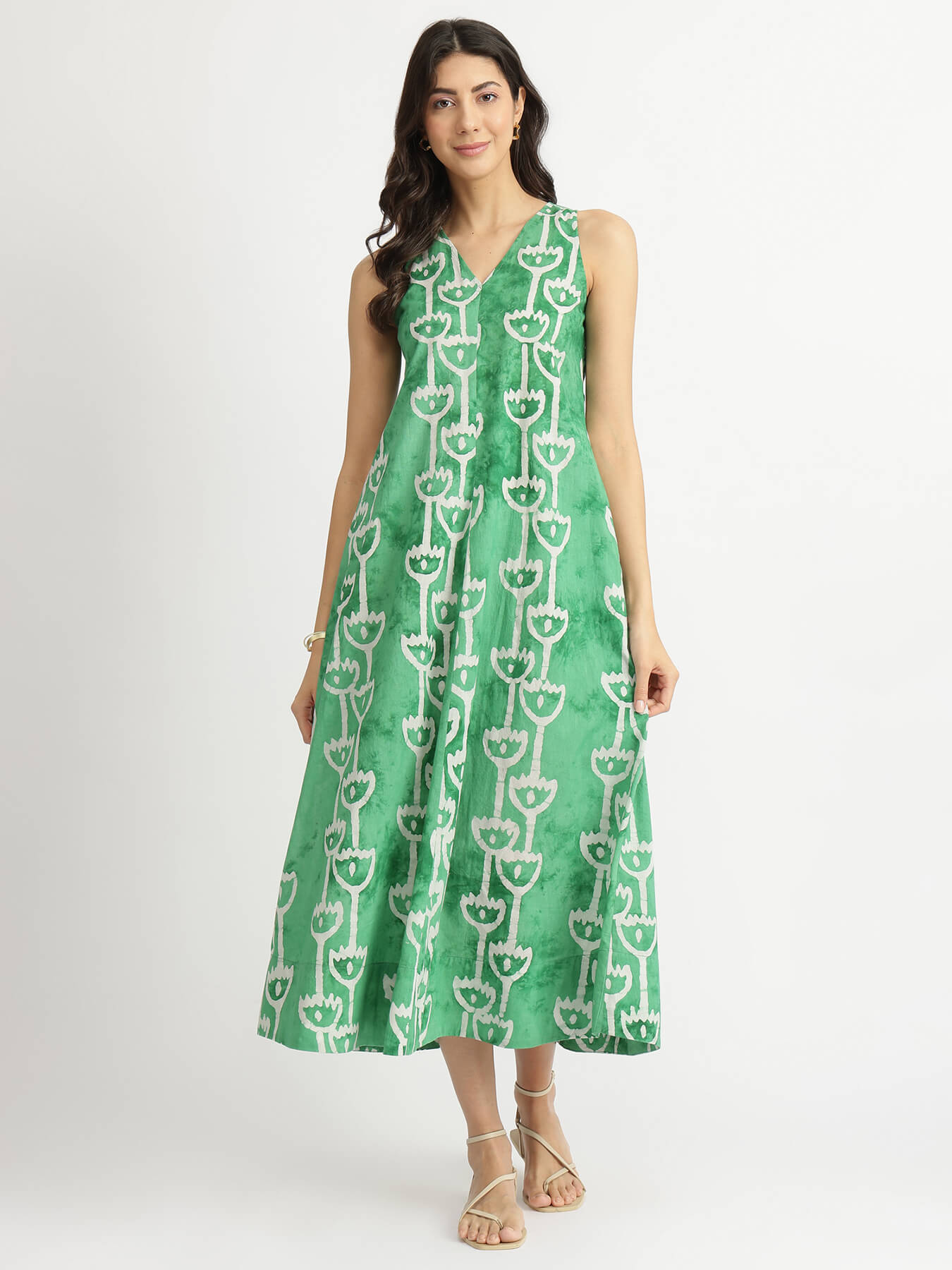 Cotton Handblock Abstract Print Dress - Green