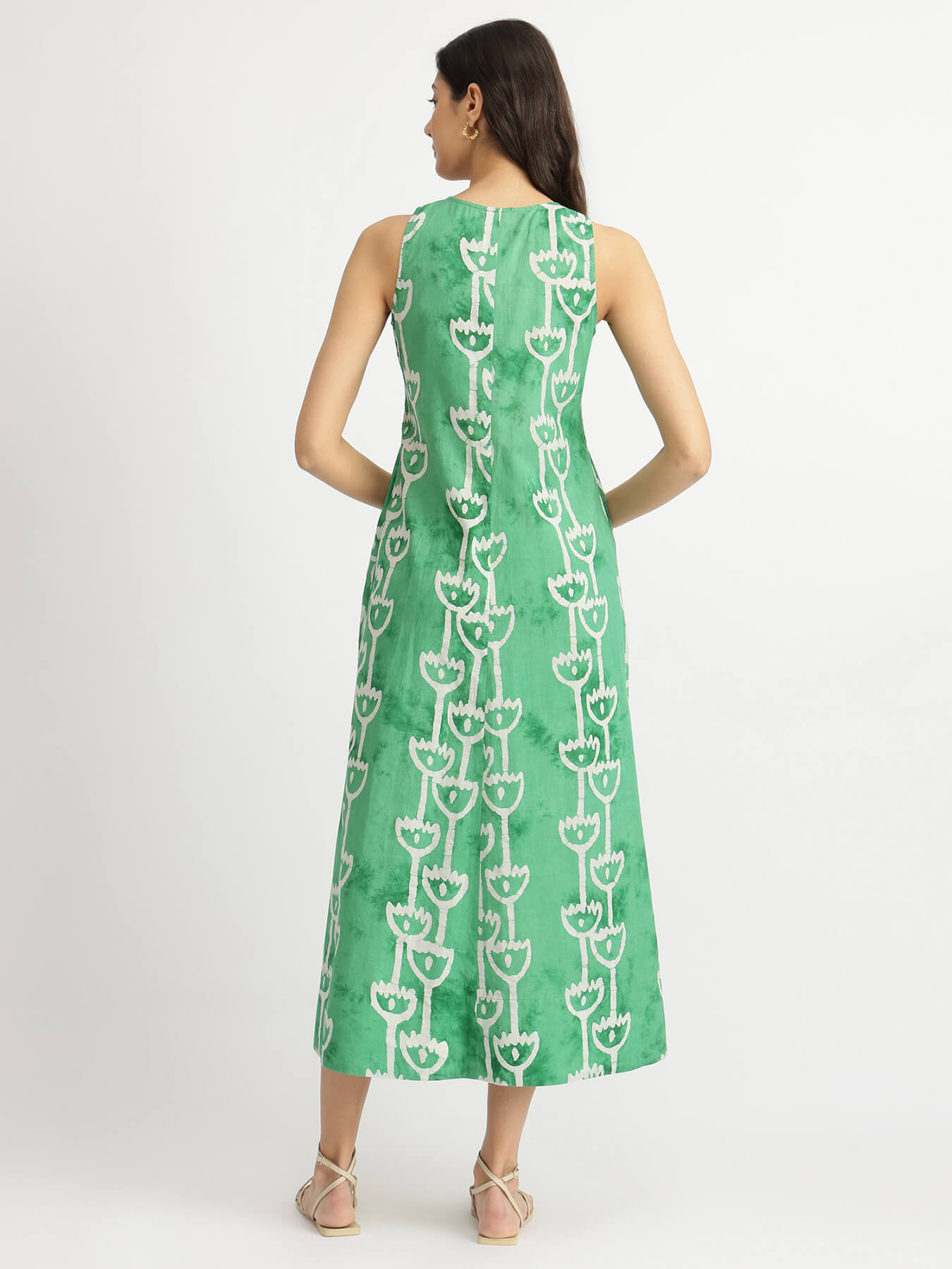 Cotton Handblock Abstract Print Dress - Green
