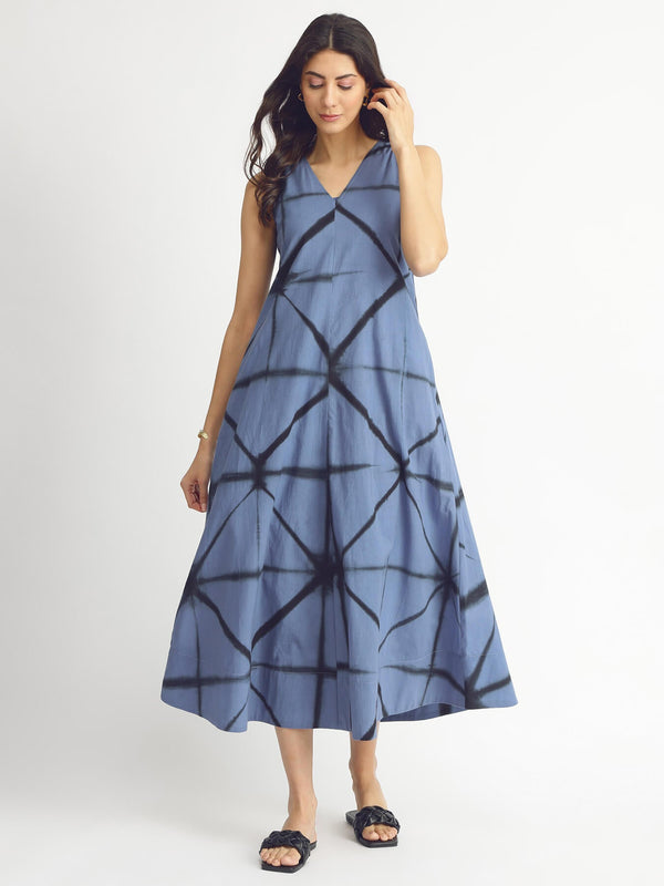 Cotton Geometric Tie & Dye Dress - Blue