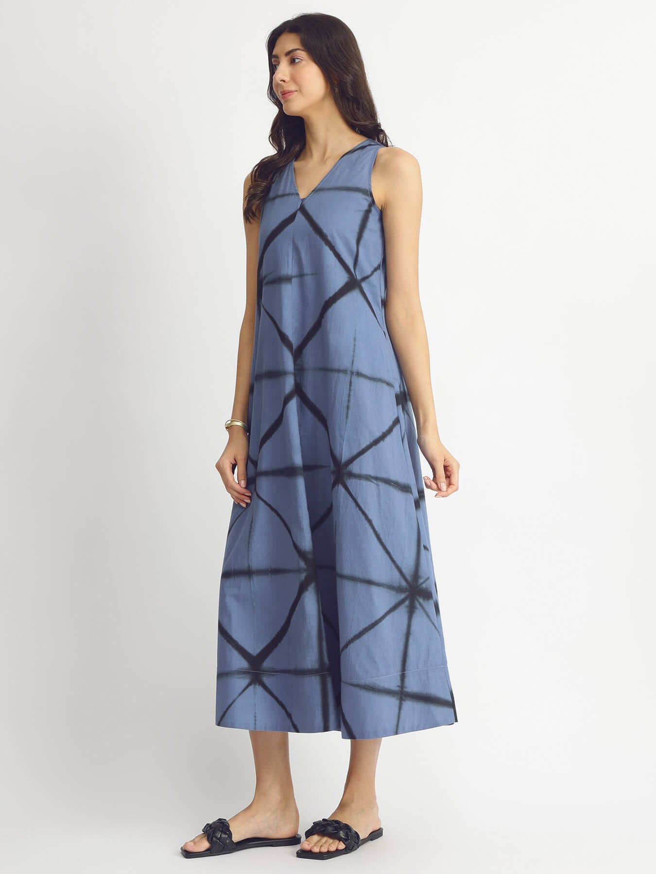 Cotton Geometric Tie & Dye Dress - Blue