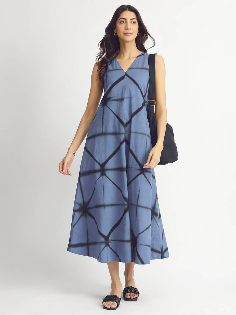 Cotton Geometric Tie & Dye Dress - Blue