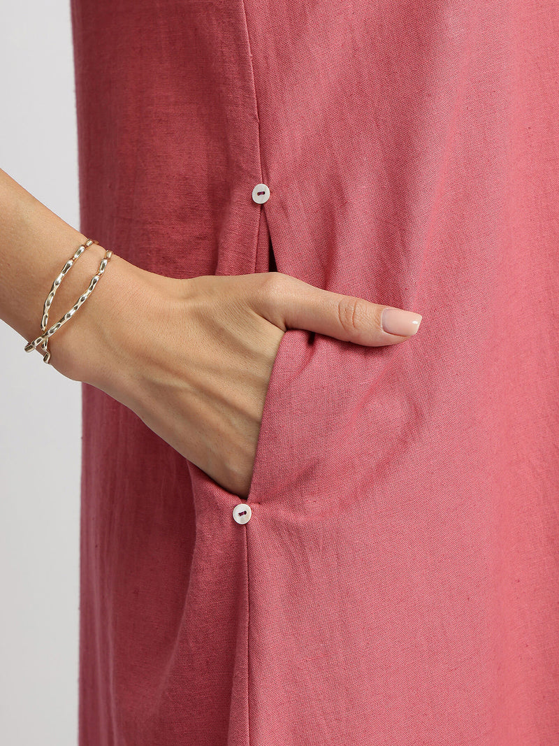 Linen Blend Colourblock A-Line Dress - Pink