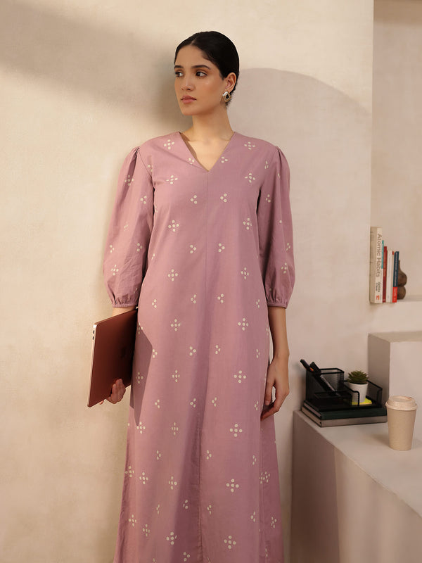 Cotton Tribal Print A-Line Dress - Purple