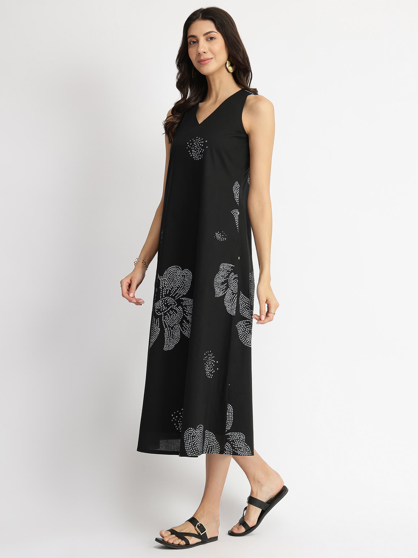 Cotton Bandhani Floral A-Line Dress - Black