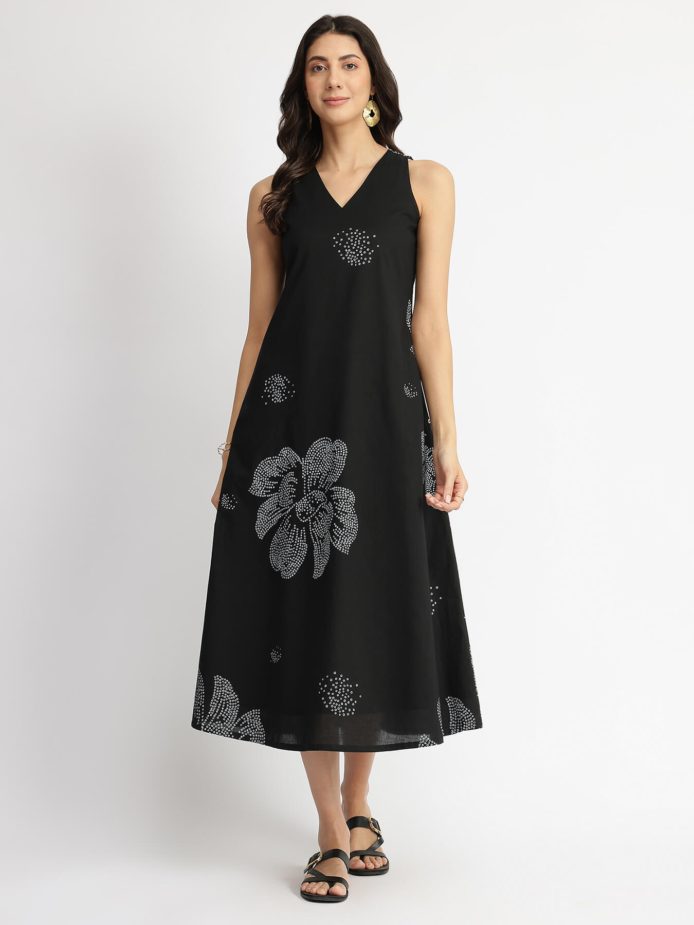 Cotton Bandhani Floral A-Line Dress - Black