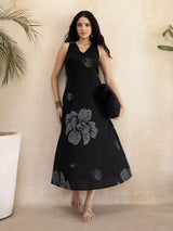 Cotton Bandhani Floral A-Line Dress - Black