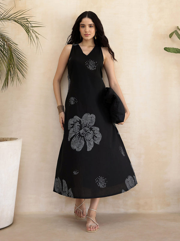 Cotton Bandhani Floral A-Line Dress - Black