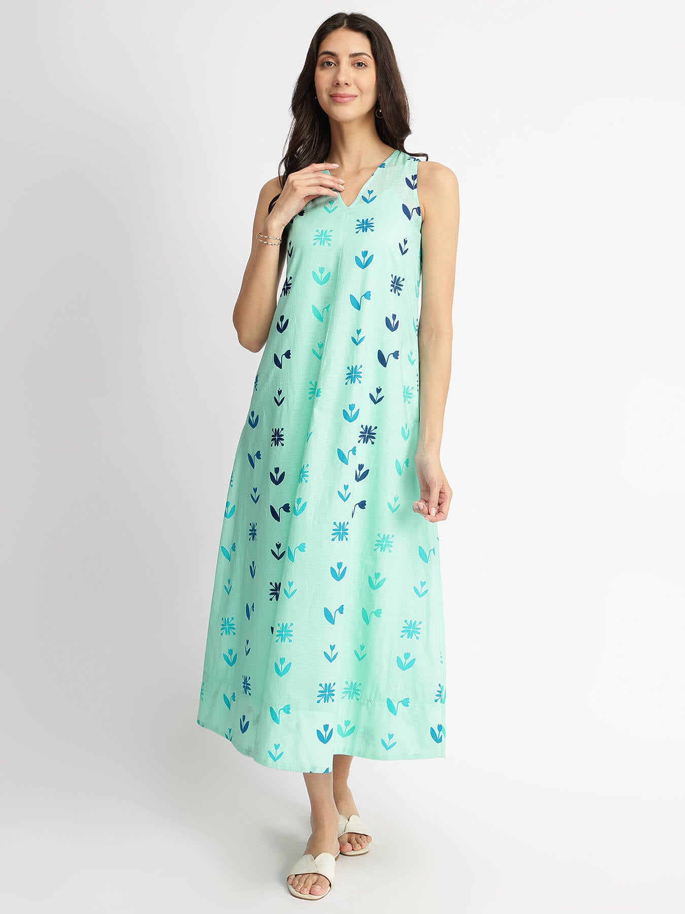 Cotton Floral Motif A-Line Dress - Blue