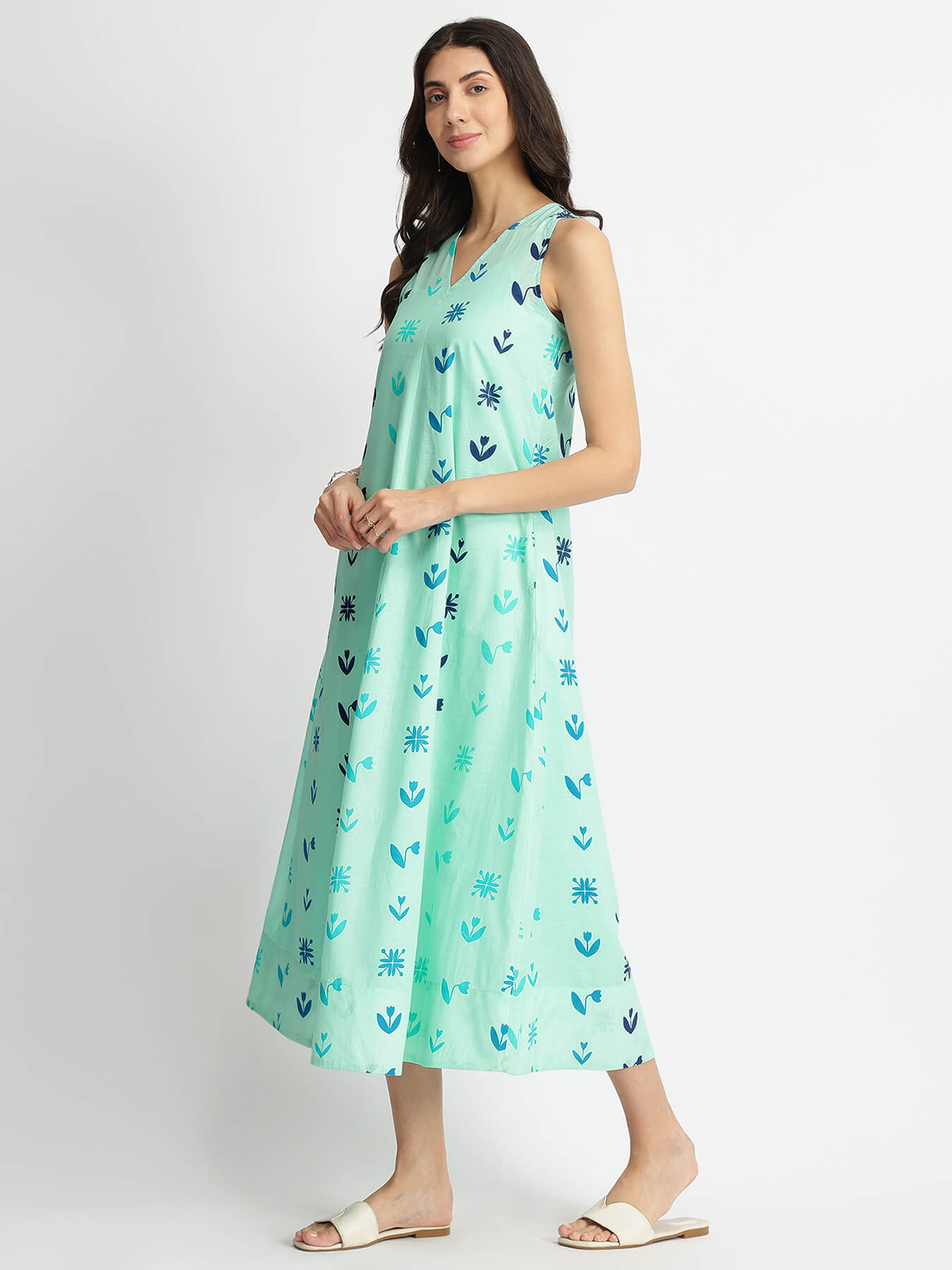 Cotton Floral Motif A-Line Dress - Blue