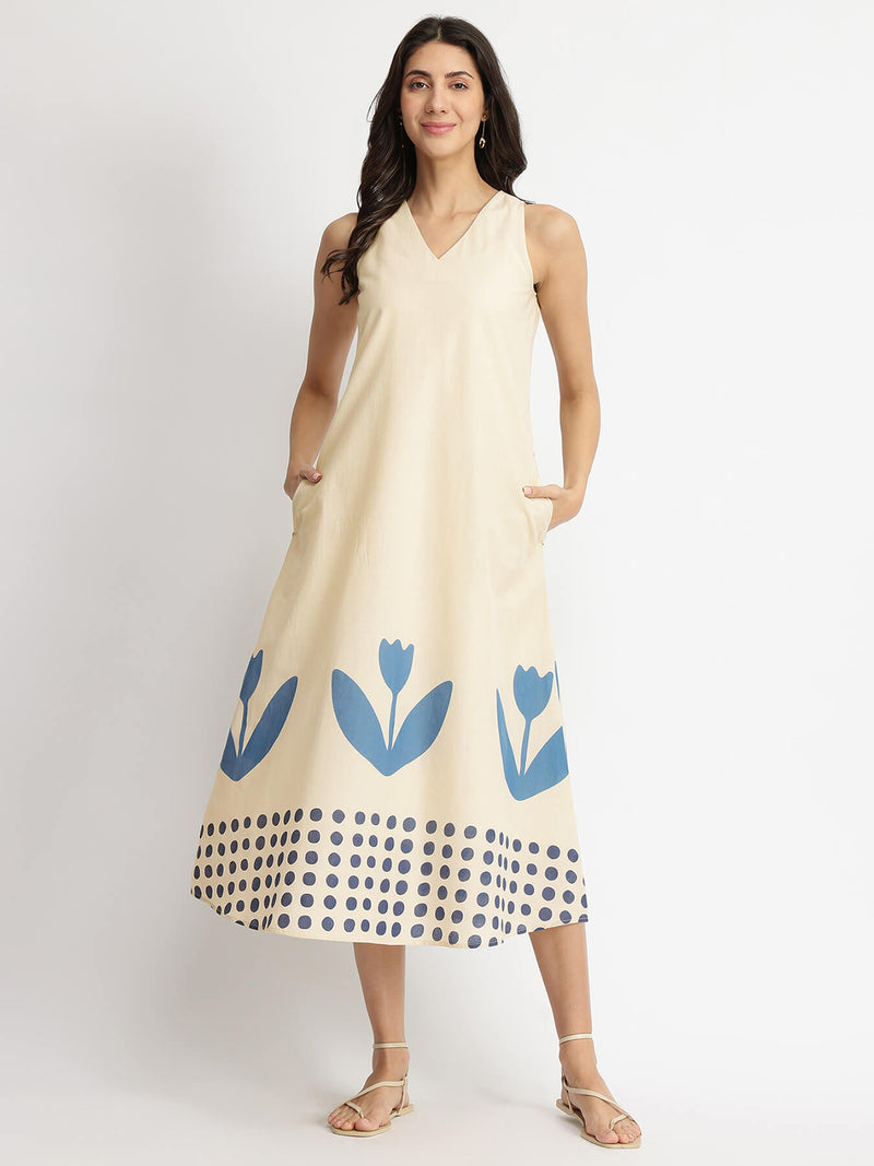 Cotton Floral Motif Dress - Off-White & Blue
