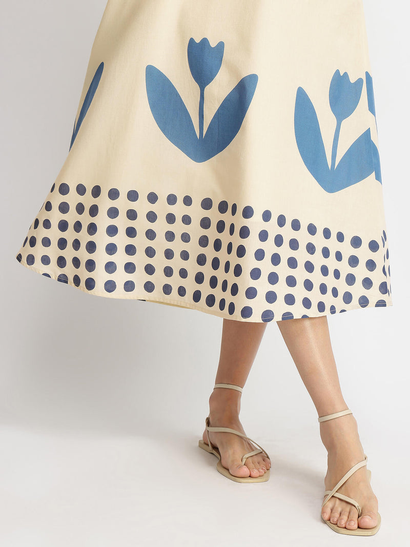 Cotton Floral Motif Dress - Off-White & Blue