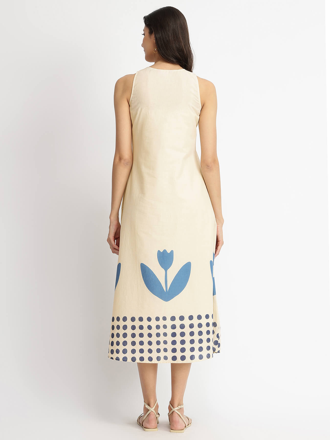 Cotton Floral Motif Dress - Off-White & Blue