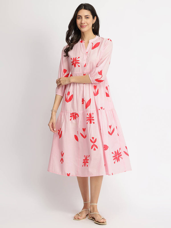 Cotton Floral Motif Dress - Pink