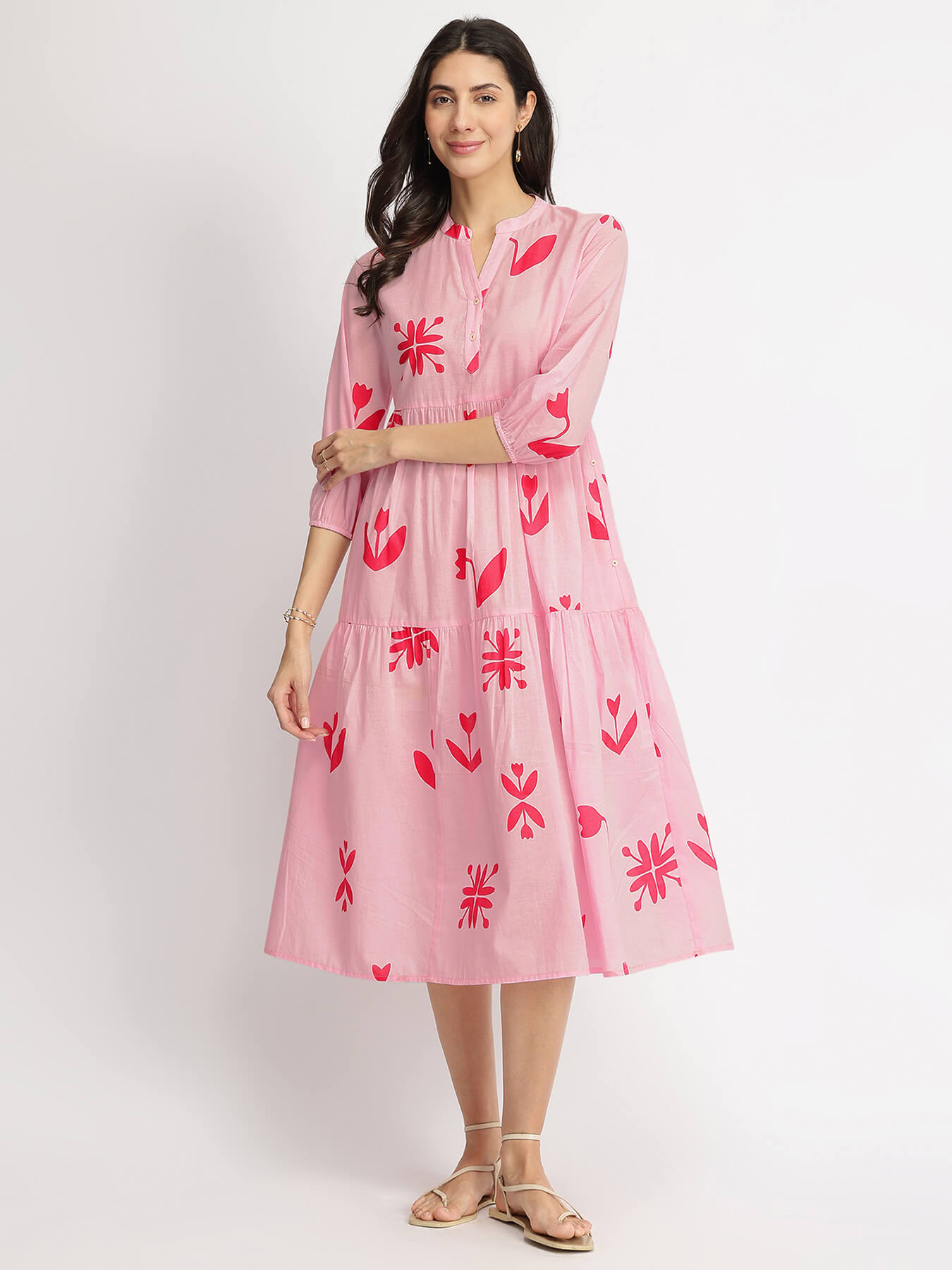 Cotton Floral Motif Dress - Pink