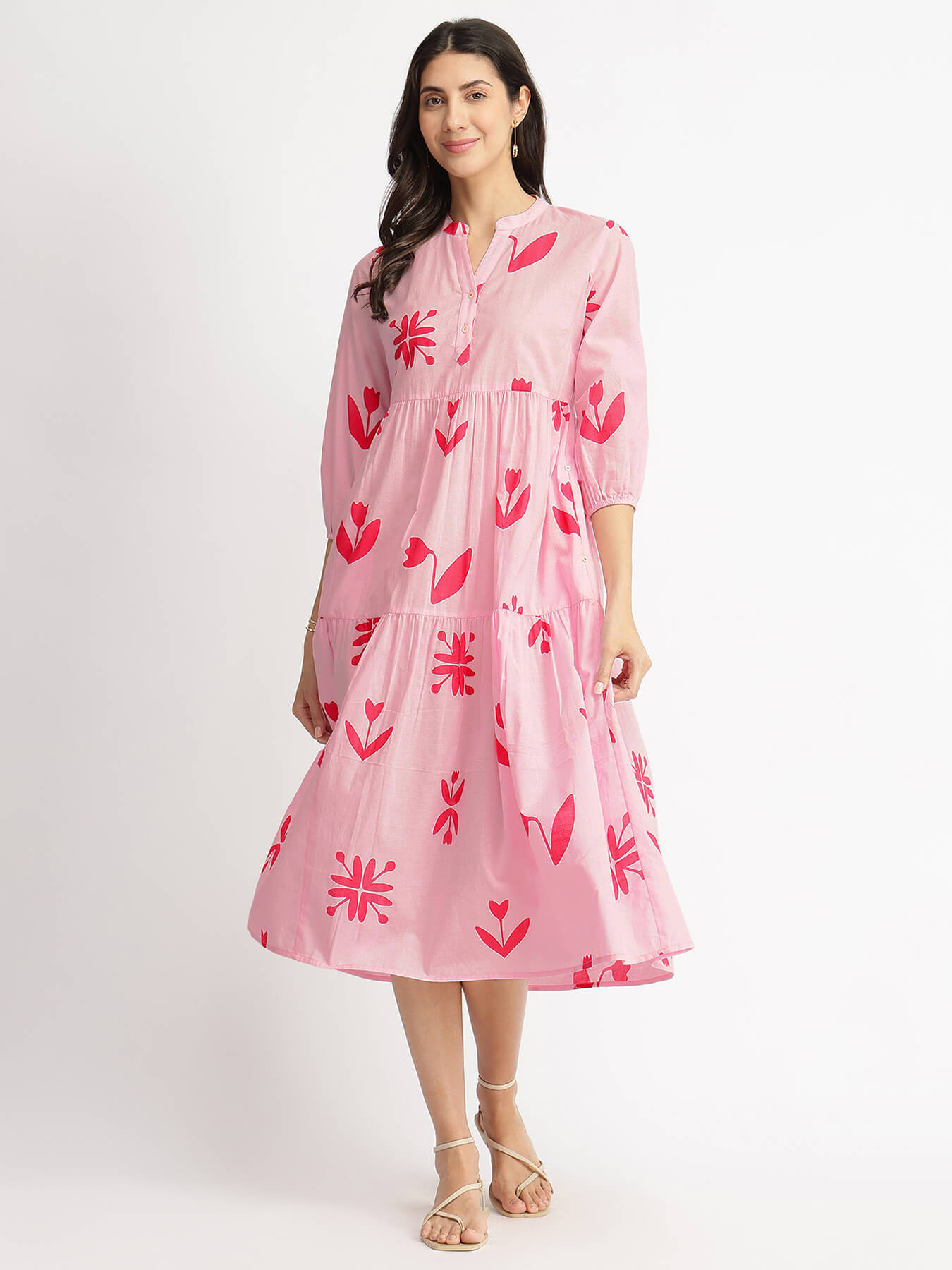 Cotton Floral Motif Dress - Pink