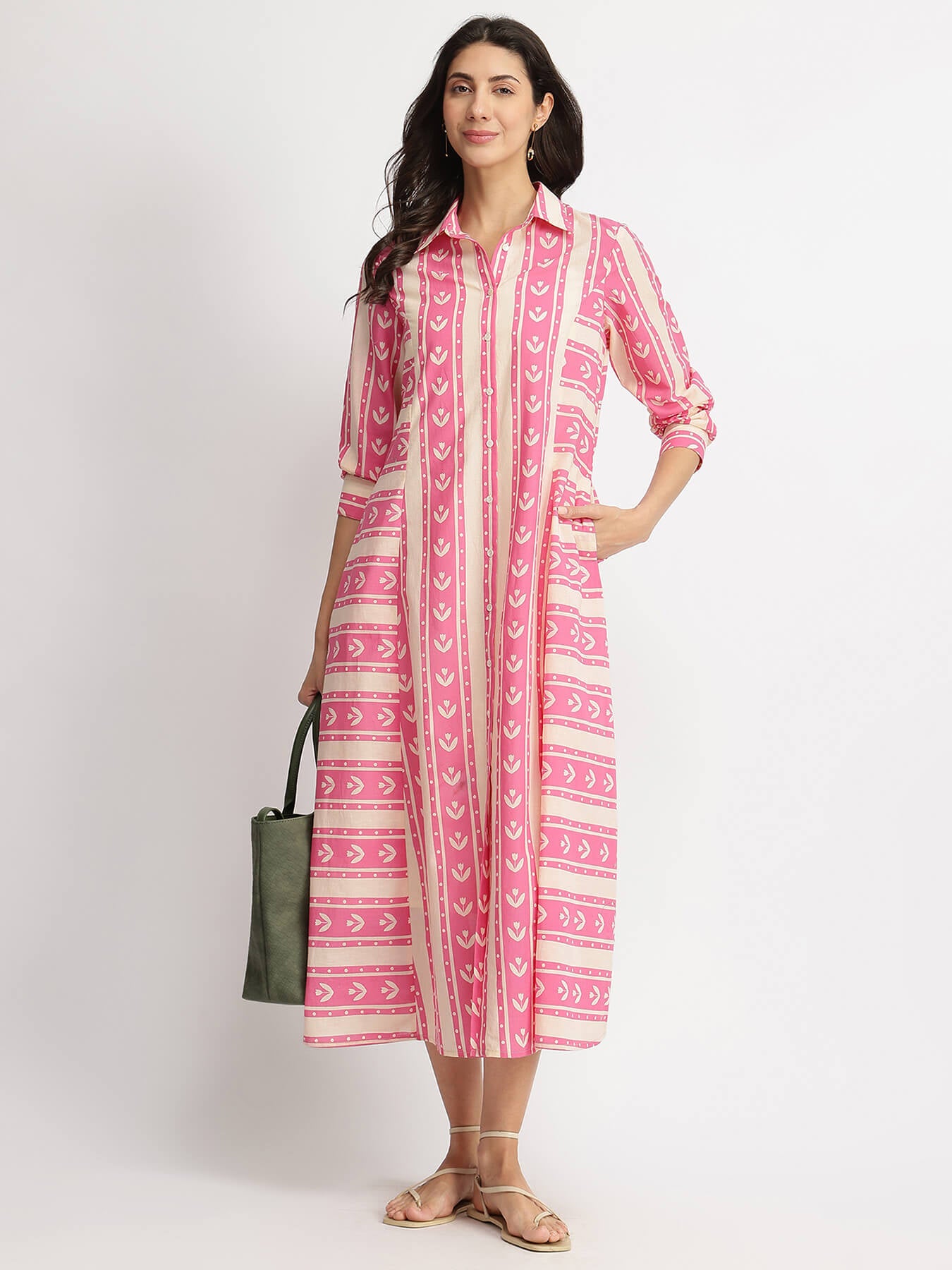 Cotton Floral Motif Shirt Dress - Pink & Off-White