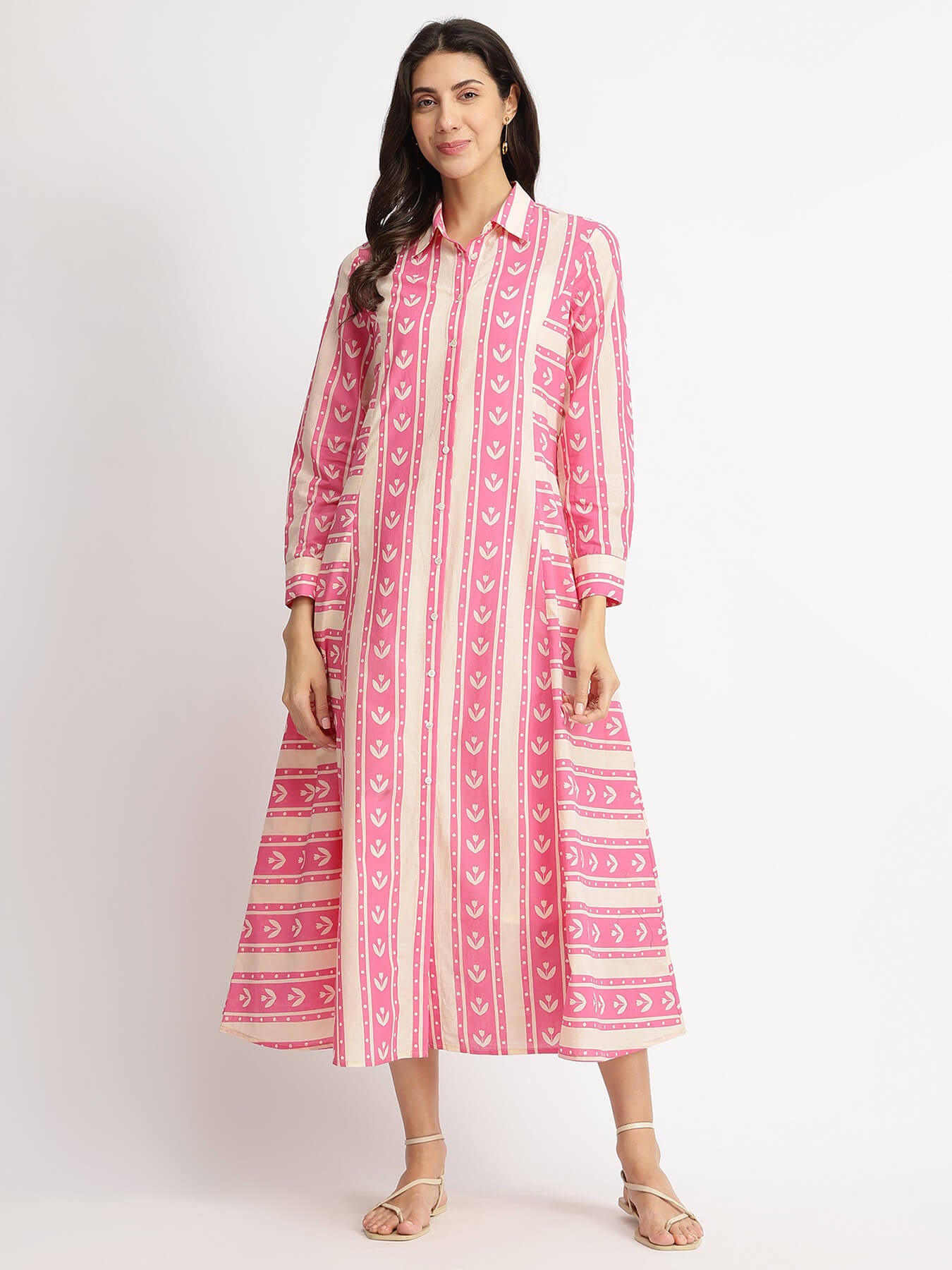 Cotton Floral Motif Shirt Dress - Pink & Off-White