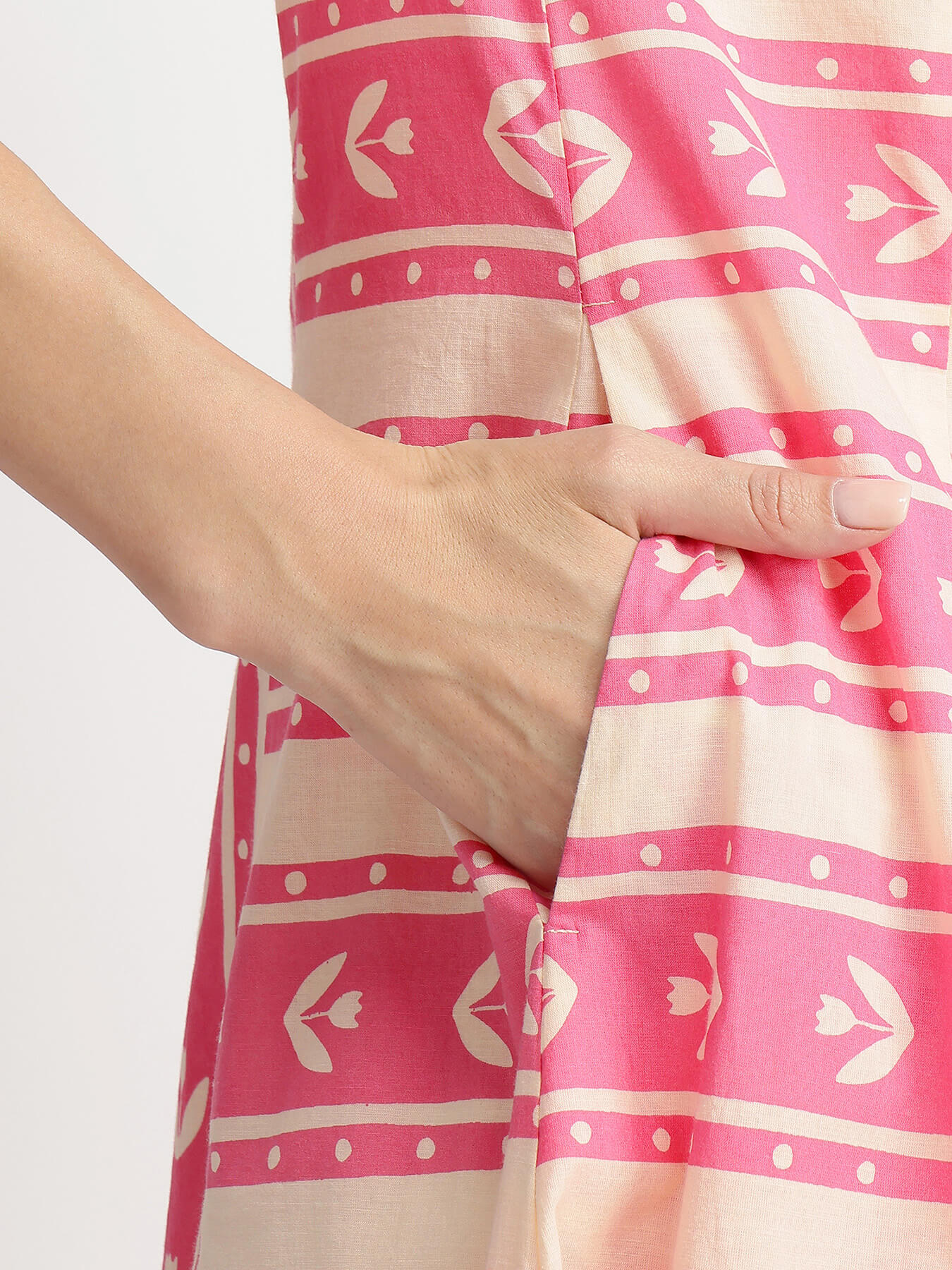 Cotton Floral Motif Shirt Dress - Pink & Off-White