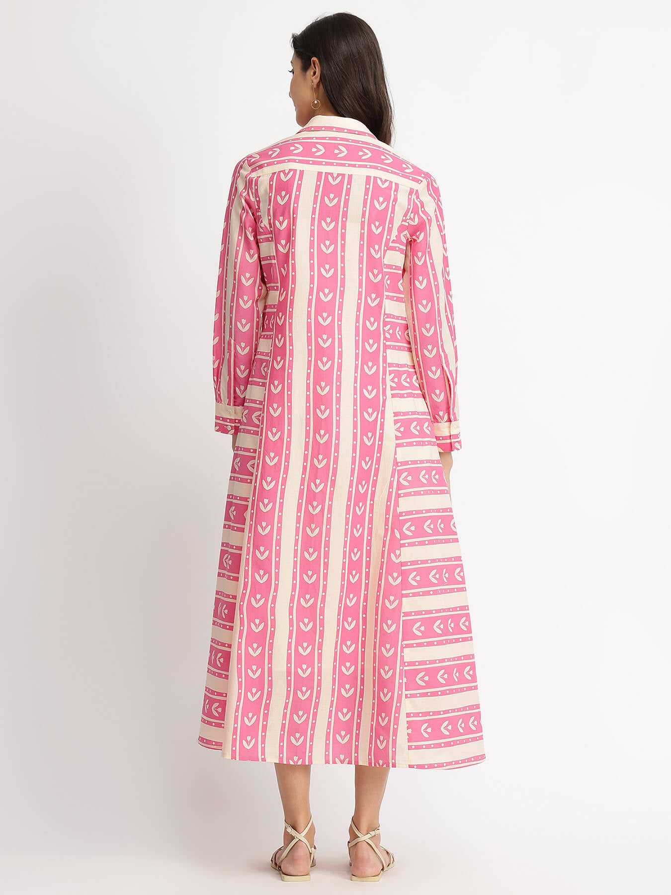Cotton Floral Motif Shirt Dress - Pink & Off-White