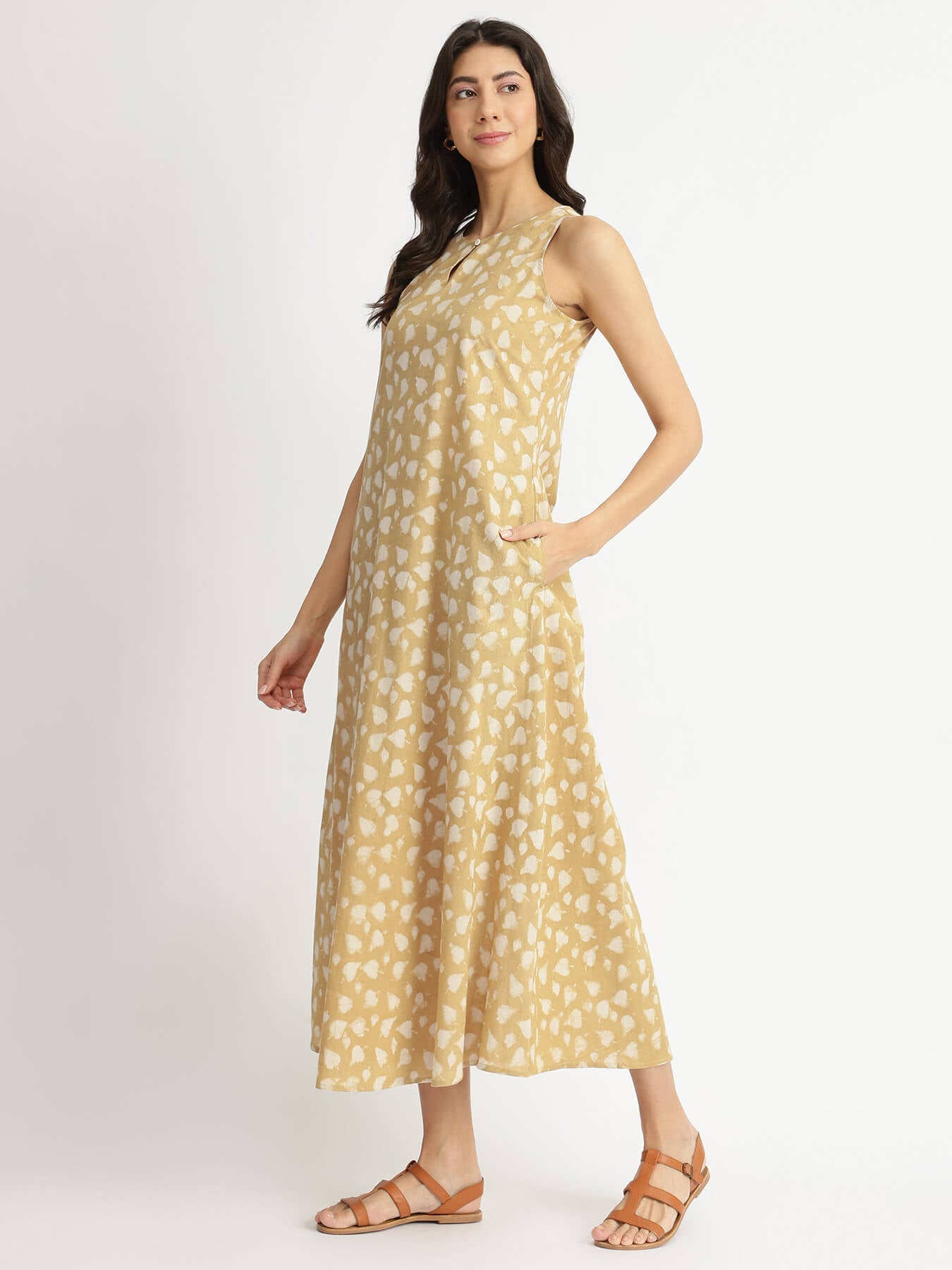 Cotton Dabu Floral A-Line Dress - Yellow