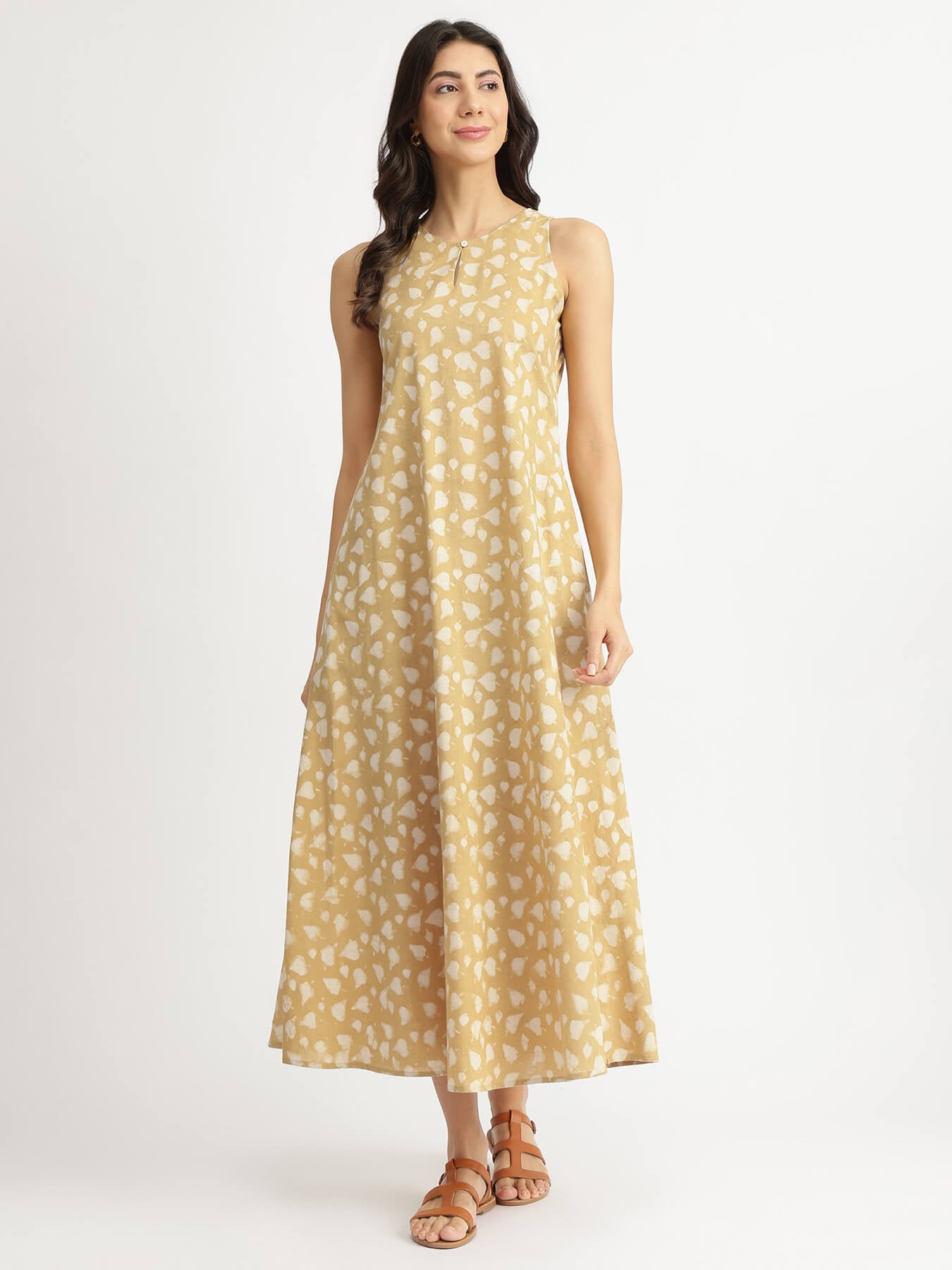Cotton Dabu Floral A-Line Dress - Yellow