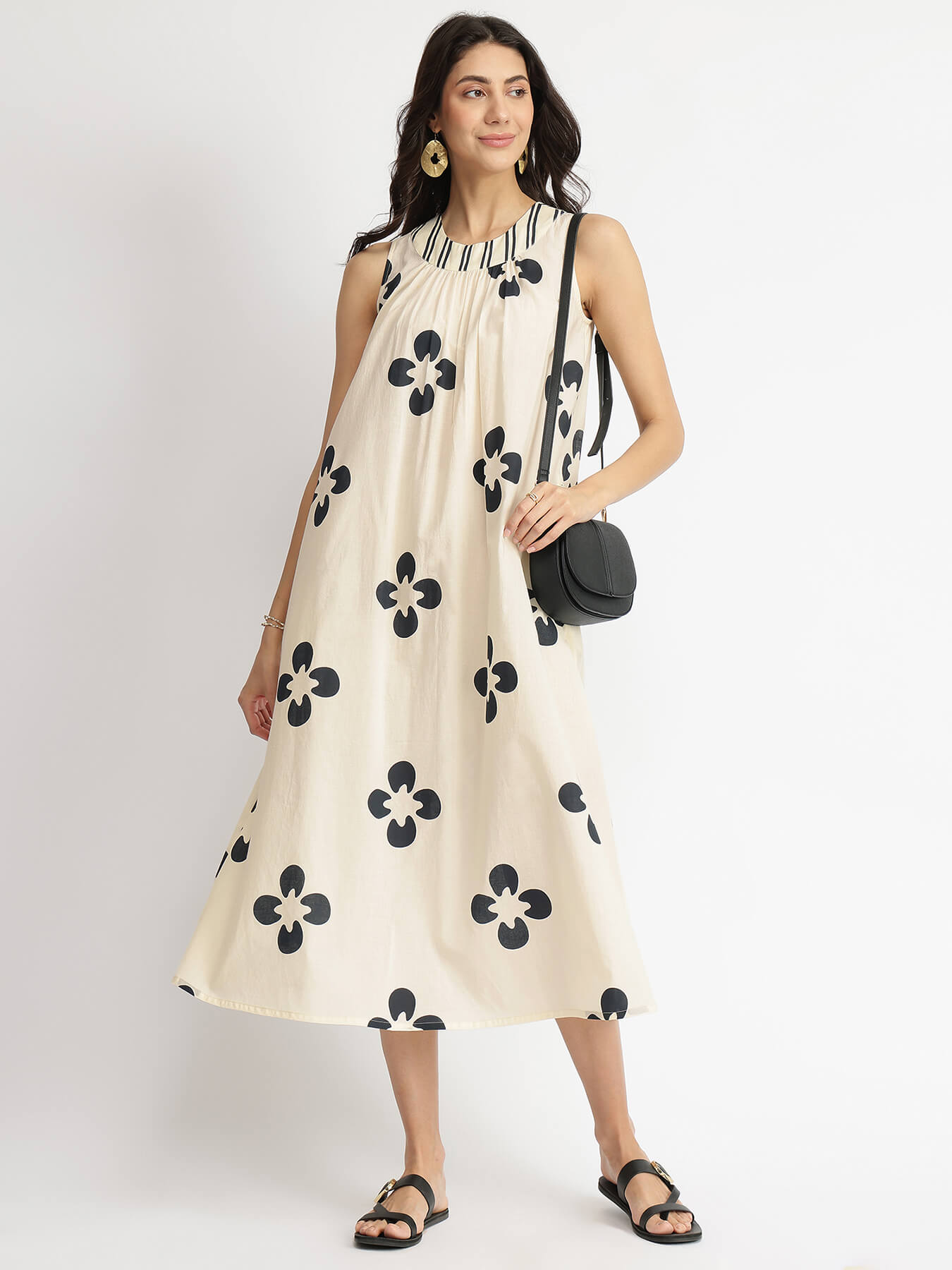 Cotton Floral A-Line Dress - White & Black