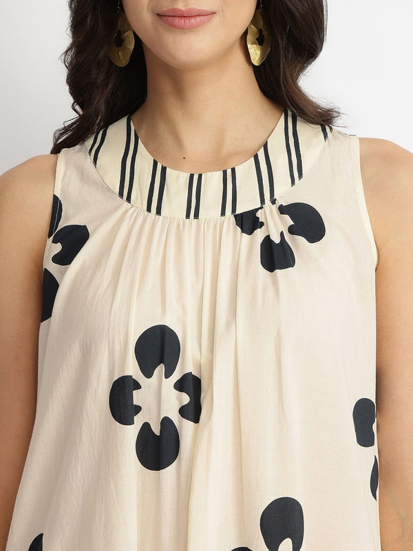 Cotton Floral A-Line Dress - White & Black