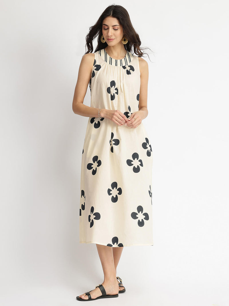 Cotton Floral A-Line Dress - White & Black
