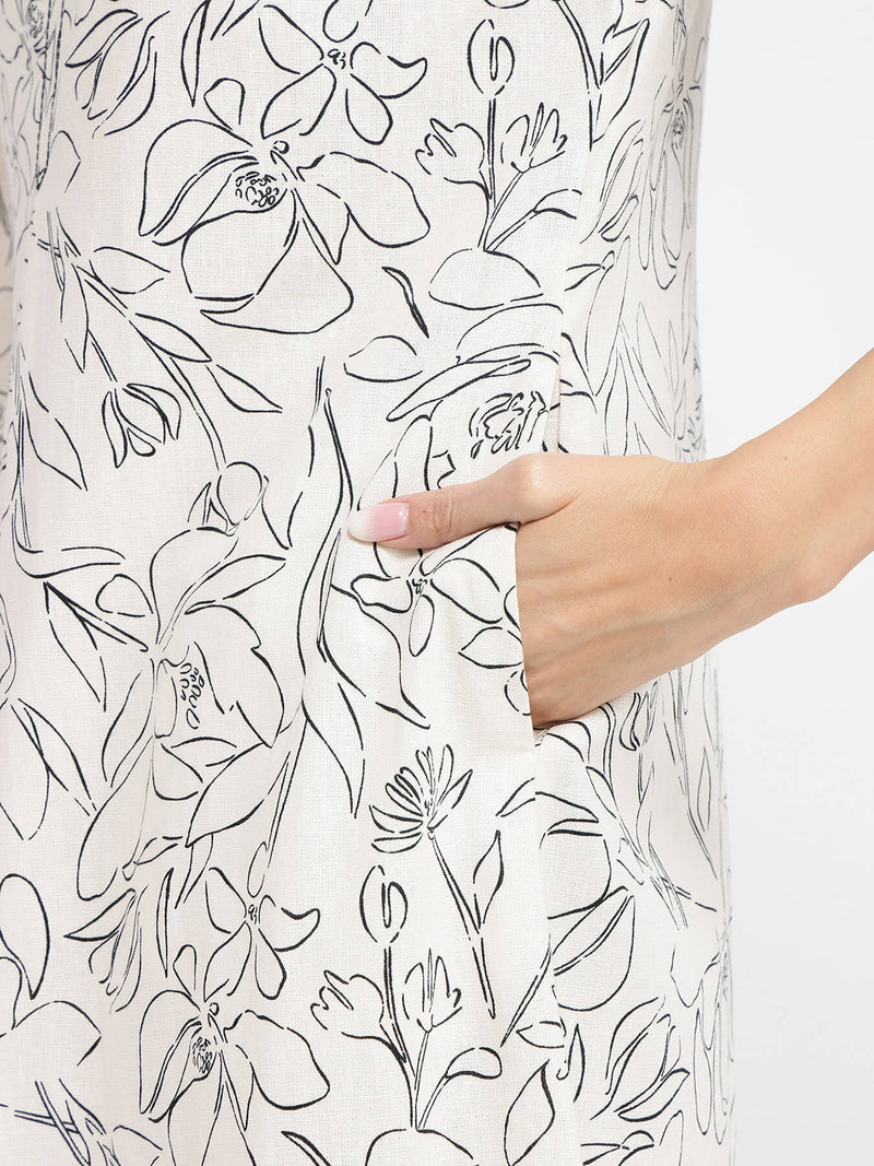 Rayon Floral A-Line Dress - White