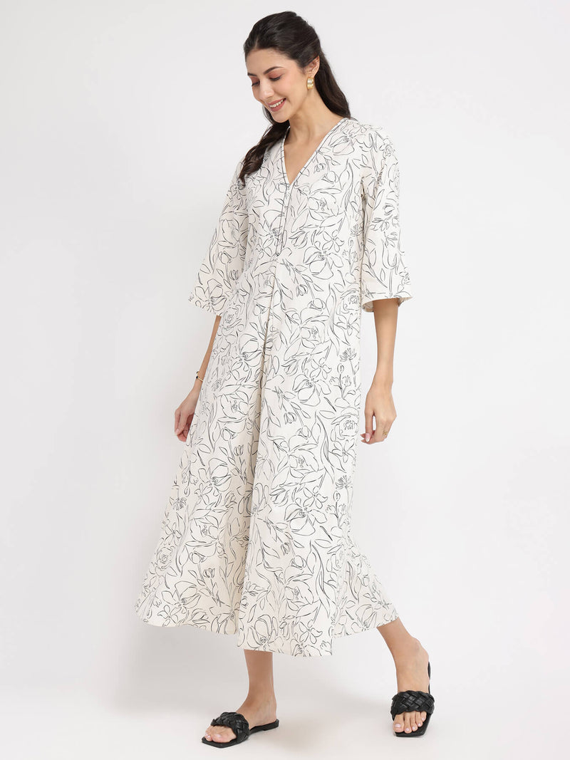 Rayon Floral A-Line Dress - White